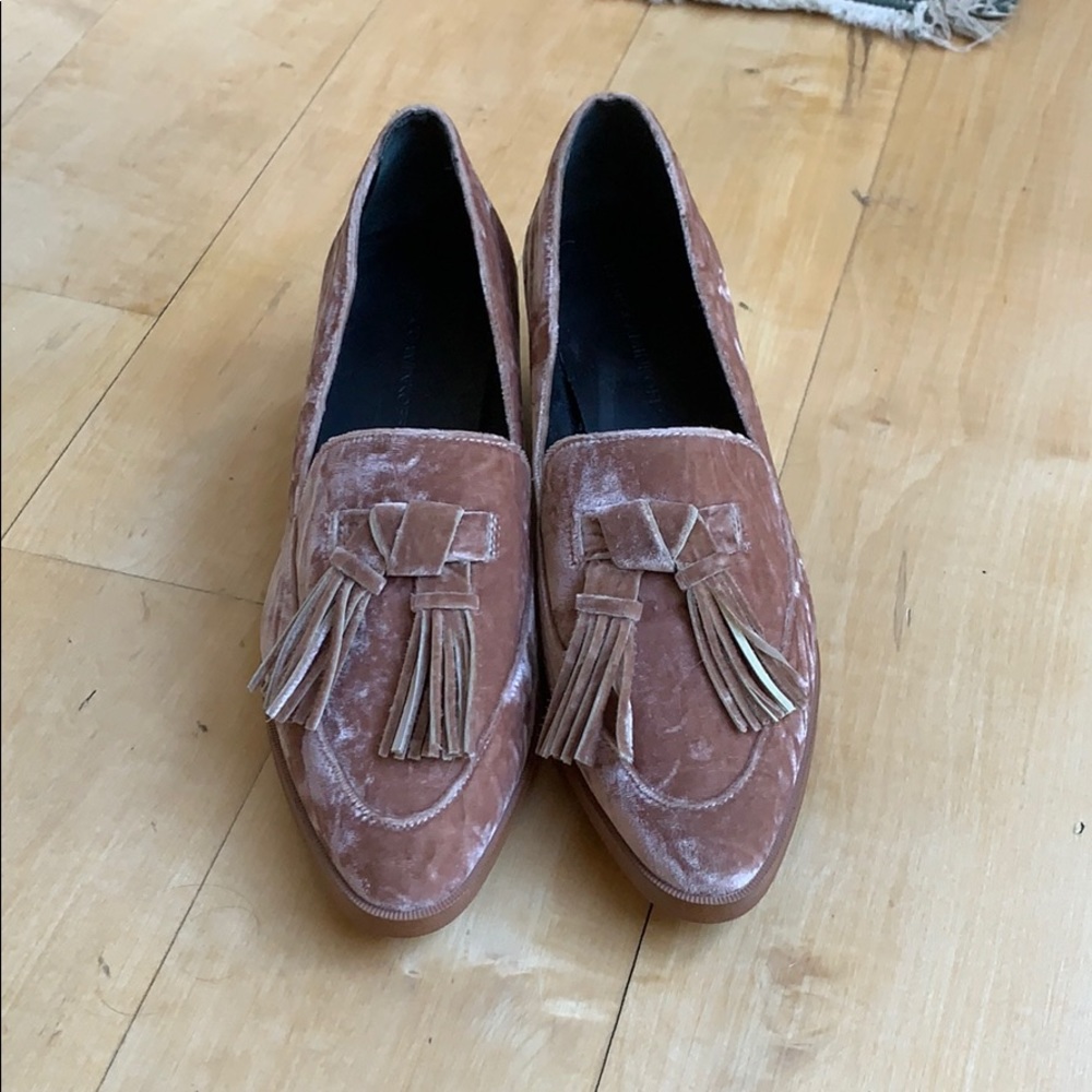 Rebeca Minkoff pink velvet heeled loafers